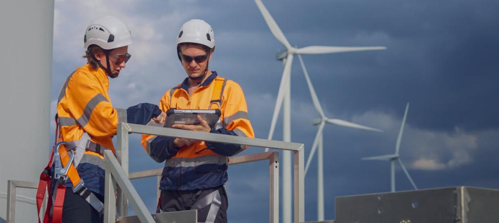 Maintenance team wind turbine inspection